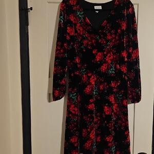 Place Black Velvet Dress with Red Floral Print